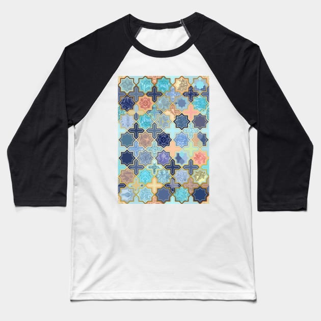 Cream, Navy and Aqua Geometric Tile Pattern Baseball T-Shirt by micklyn